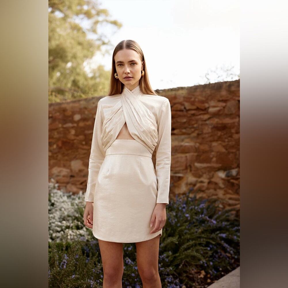NWT Keepsake The Label Emilio Long Sleeve Mini Crossover Dress Oyster Size Small